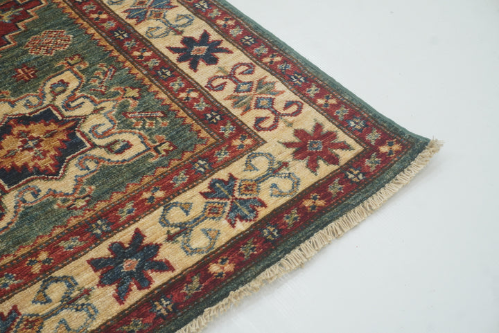 7 ft Kazak Green Afghan Hand Knotted Runner Rug - Yildiz Rugs