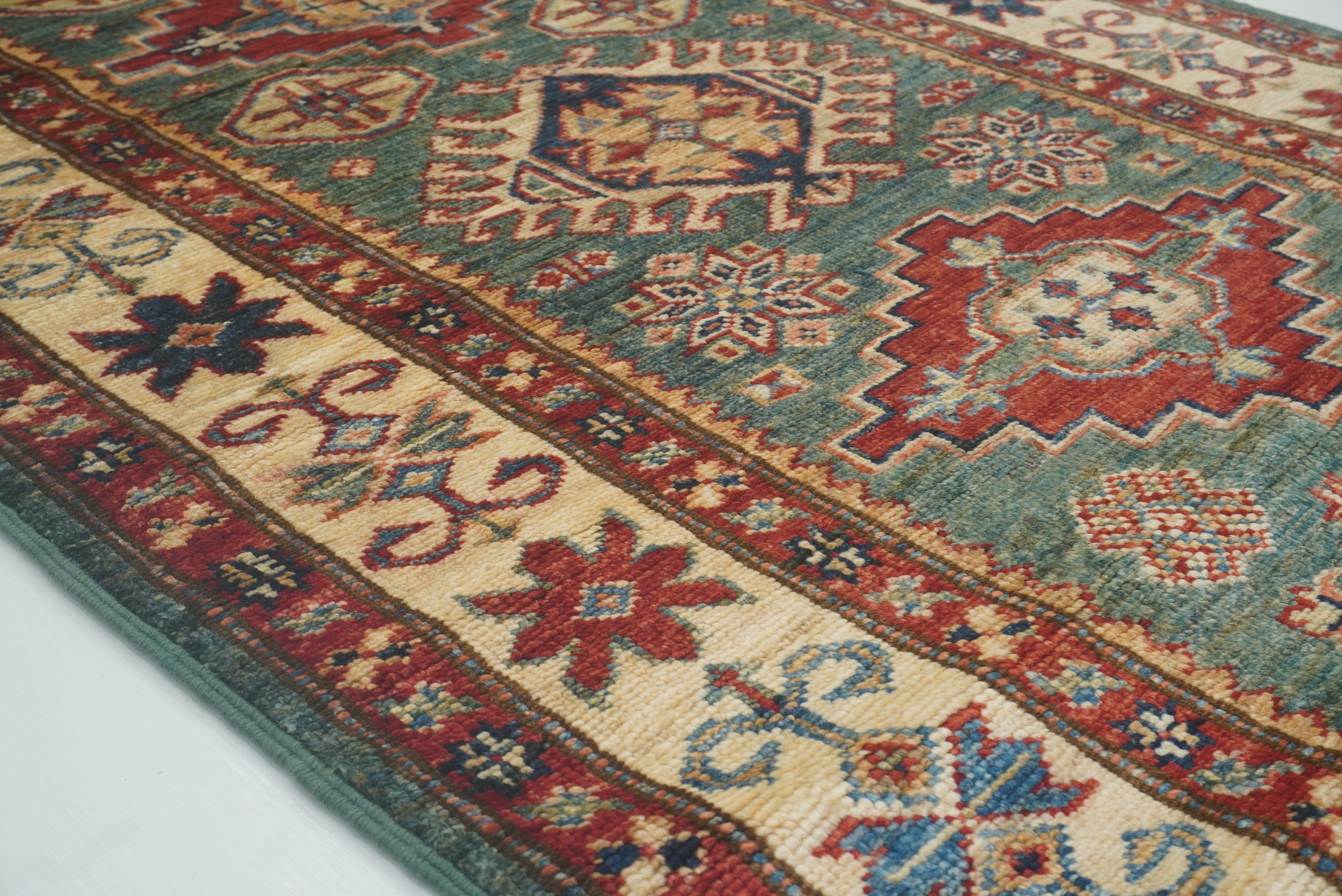 7 ft Kazak Green Afghan Hand Knotted Runner Rug - Yildiz Rugs