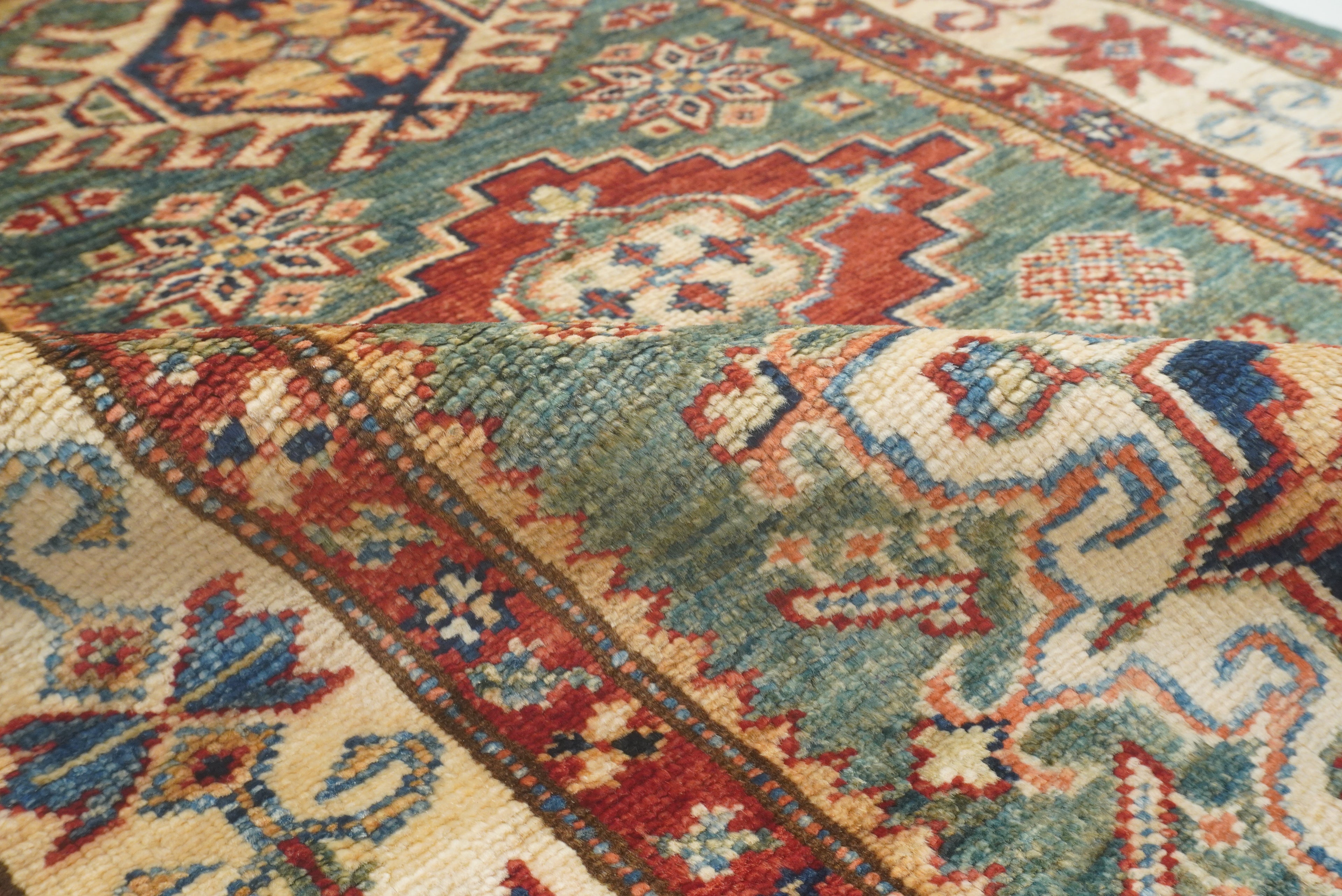 7 ft Kazak Green Afghan Hand Knotted Runner Rug - Yildiz Rugs