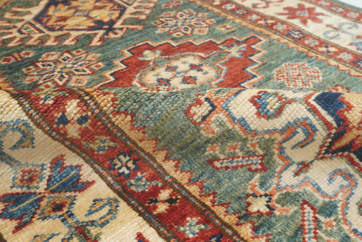 7 ft Kazak Green Afghan Hand Knotted Runner Rug - Yildiz Rugs