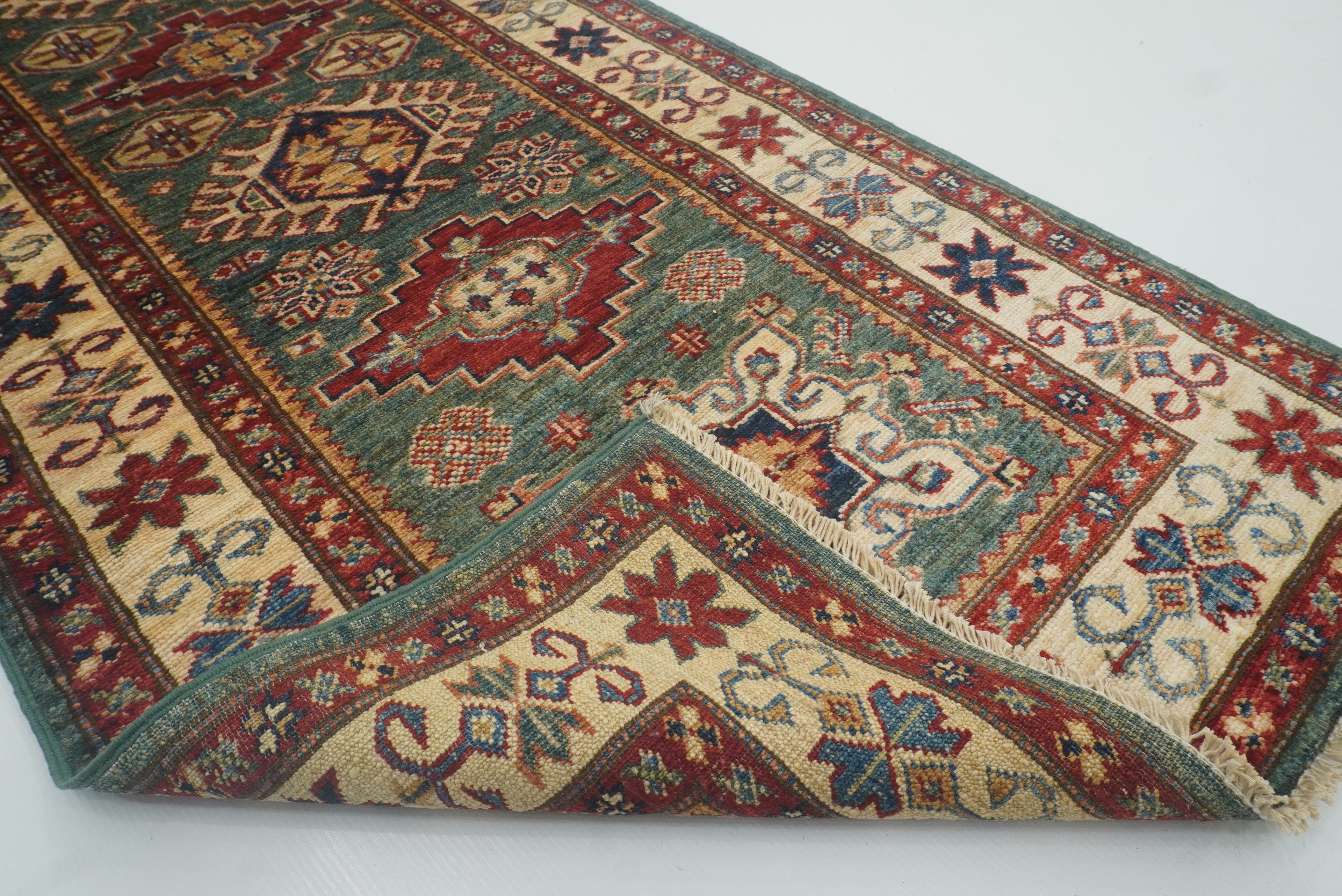 7 ft Kazak Green Afghan Hand Knotted Runner Rug - Yildiz Rugs