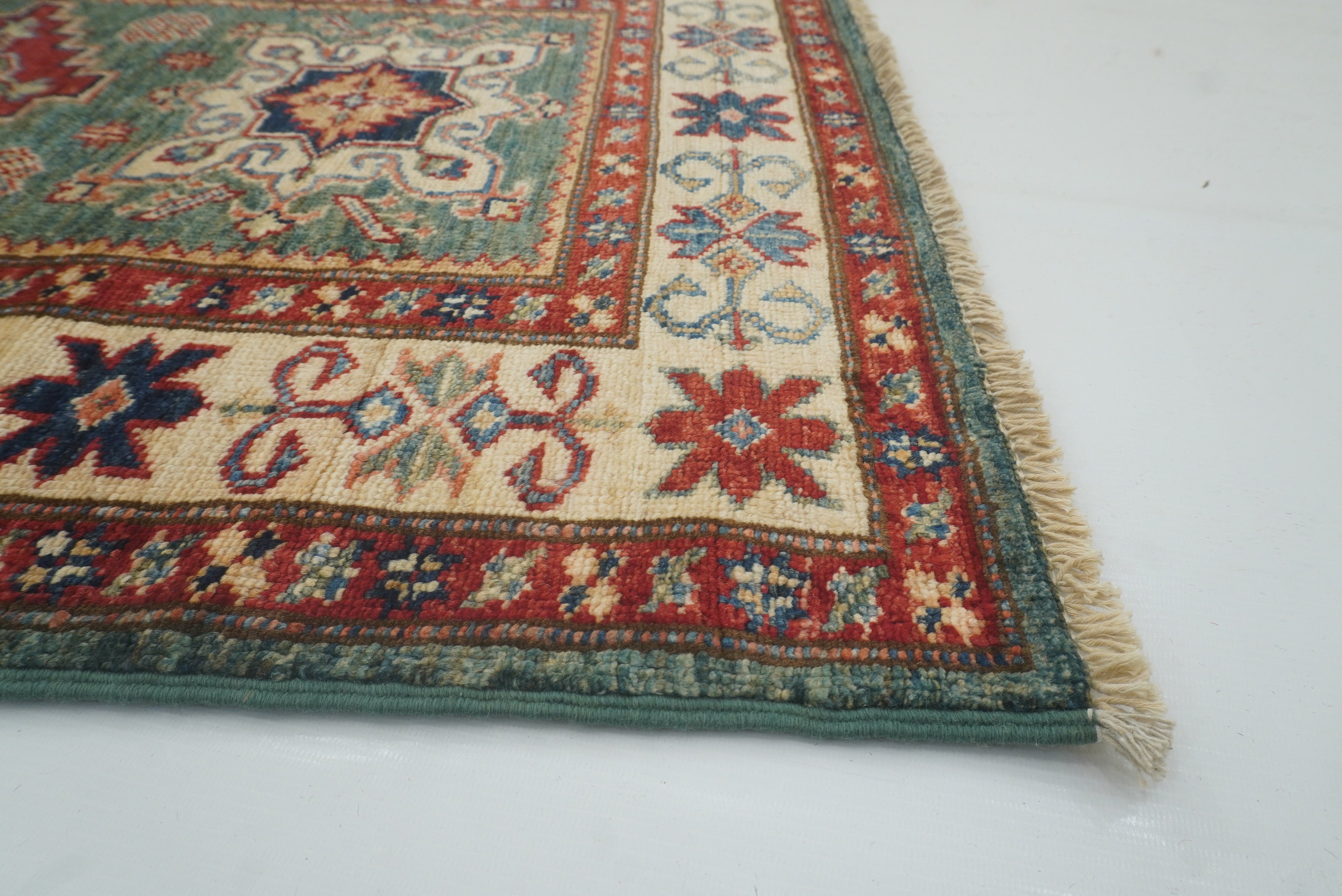 7 ft Kazak Green Afghan Hand Knotted Runner Rug - Yildiz Rugs