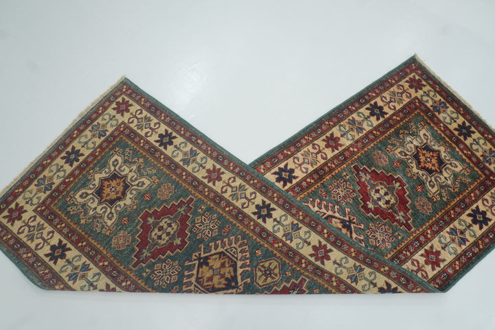7 ft Kazak Green Afghan Hand Knotted Runner Rug - Yildiz Rugs