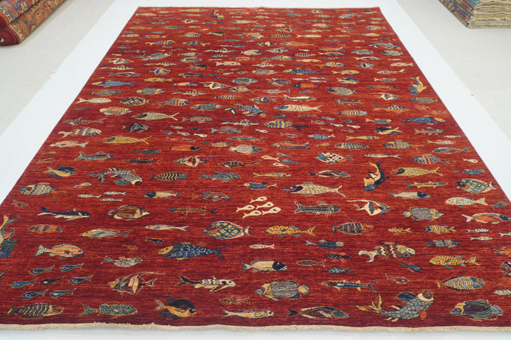 9x11 Deep Red Fish Gabbeh Afghan Hand knotted Rug - Yildiz Rugs