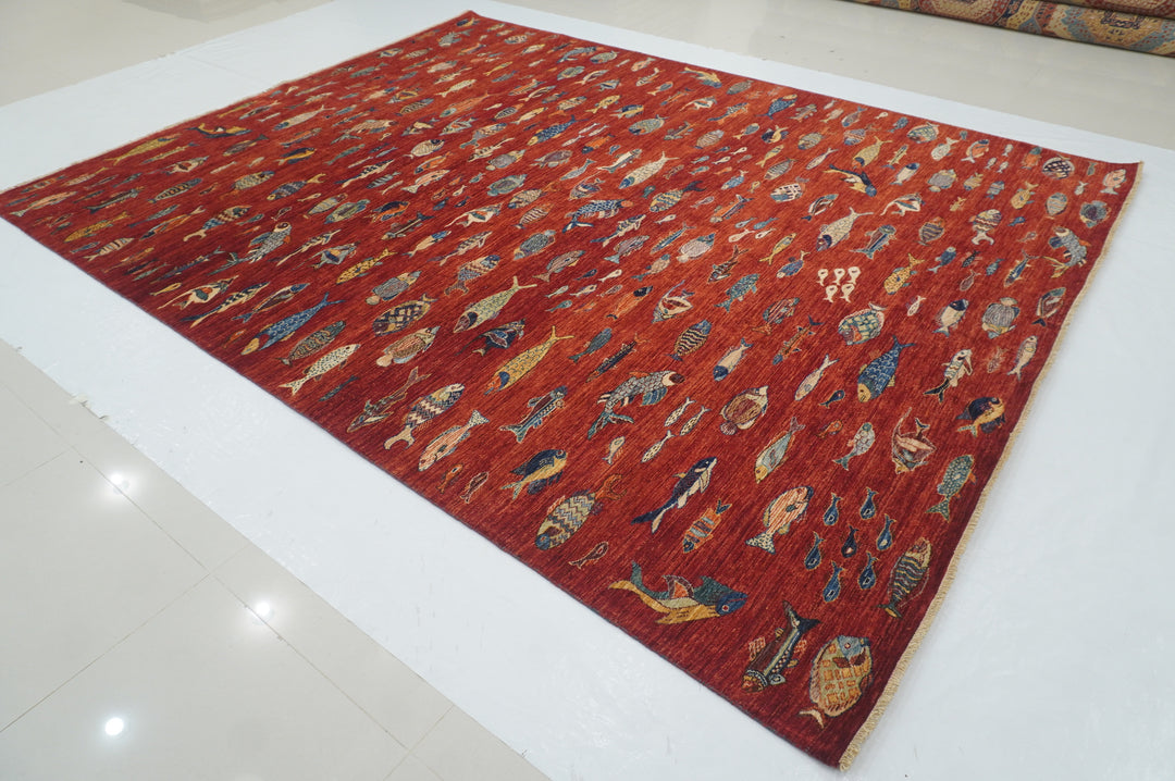 9x11 Deep Red Fish Gabbeh Afghan Hand knotted Rug - Yildiz Rugs