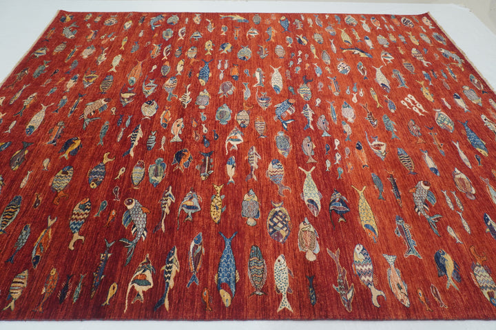 9x11 Deep Red Fish Gabbeh Afghan Hand knotted Rug - Yildiz Rugs