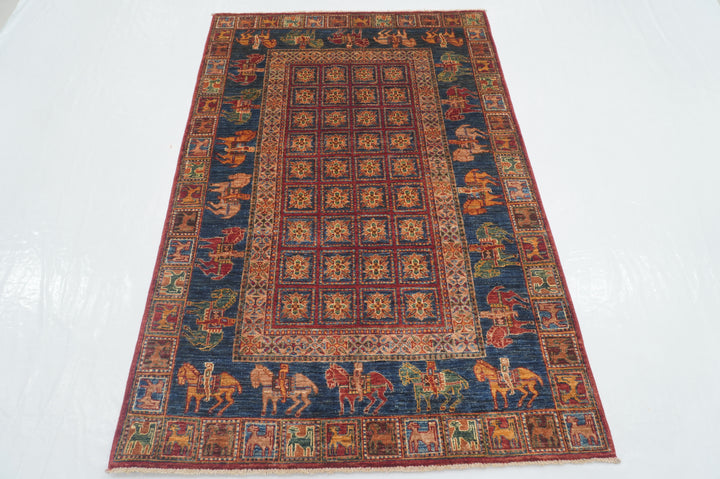4 x 6 ft Red Blue Pazyryk Afghan Hand knotted Wool Rug