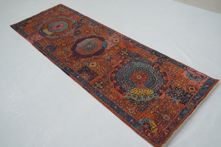 8 ft Orange Mamluk Turkish Hand knotted Medallion Runner Rug