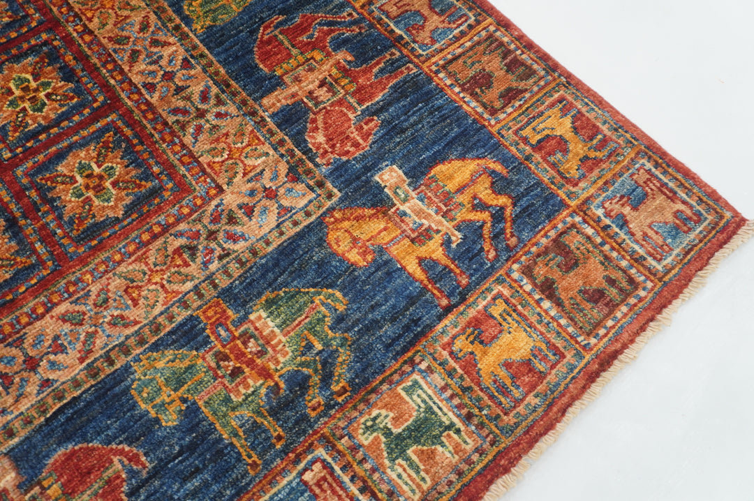 4 x 6 ft Red Blue Pazyryk Afghan Hand knotted Wool Rug