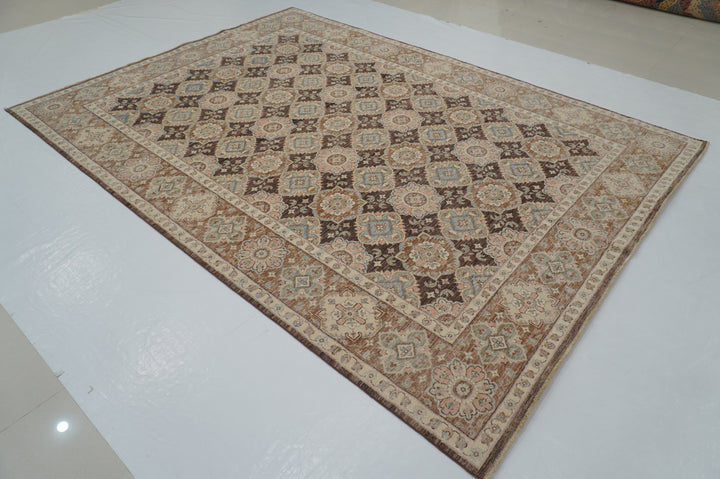 7x10 Brown Vintage Tabriz Afghan Hand Knotted Oriental Geometric Rug - Yildiz Rugs