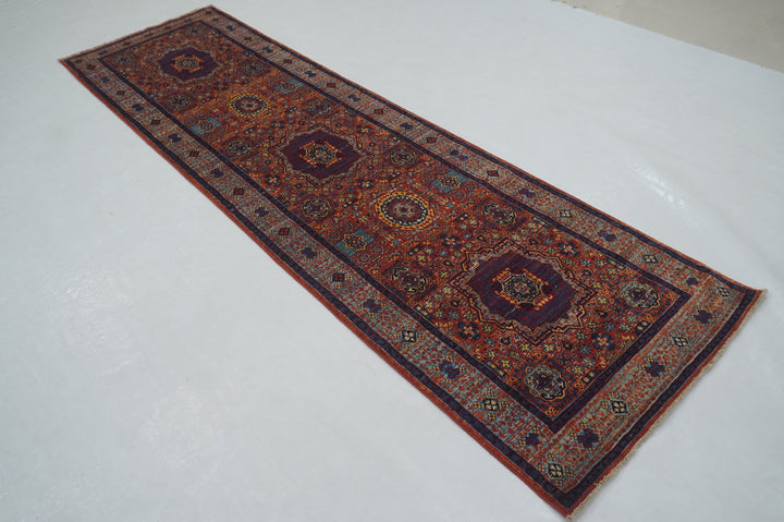 10 ft Rusty Red Mamluk Turkish Hand knotted Medallion Runner Rug