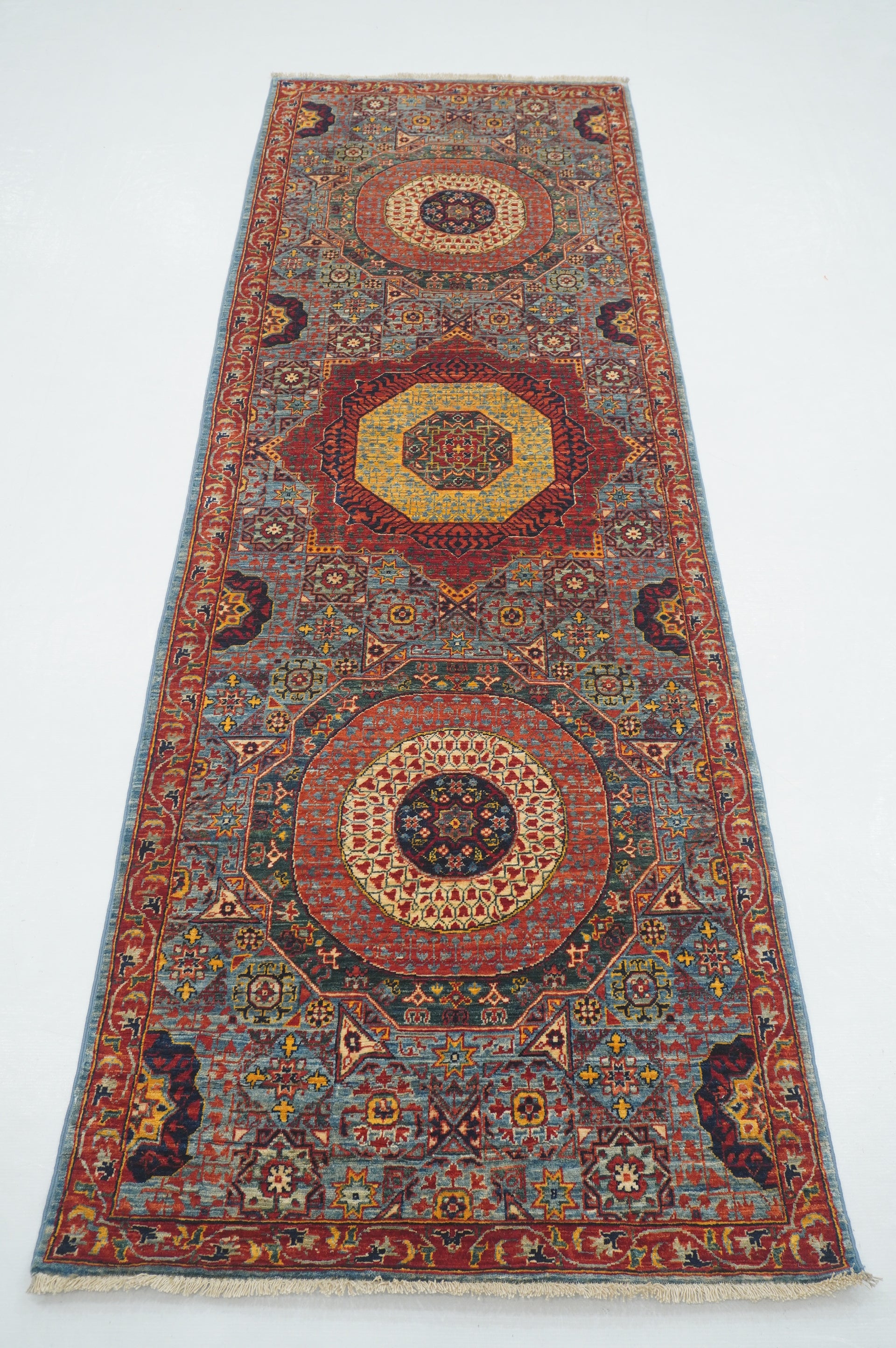 3 x 8 ft Blue Mamluk Hand knotted Wool Turkish Medallion Runner Rug - Yildiz Rugs