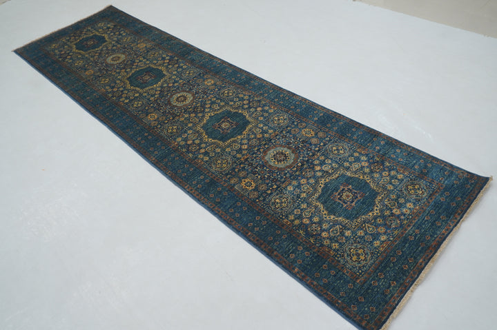 10 ft Dark Blue Mamluk Turkish Hand knotted Medallion Runner Rug