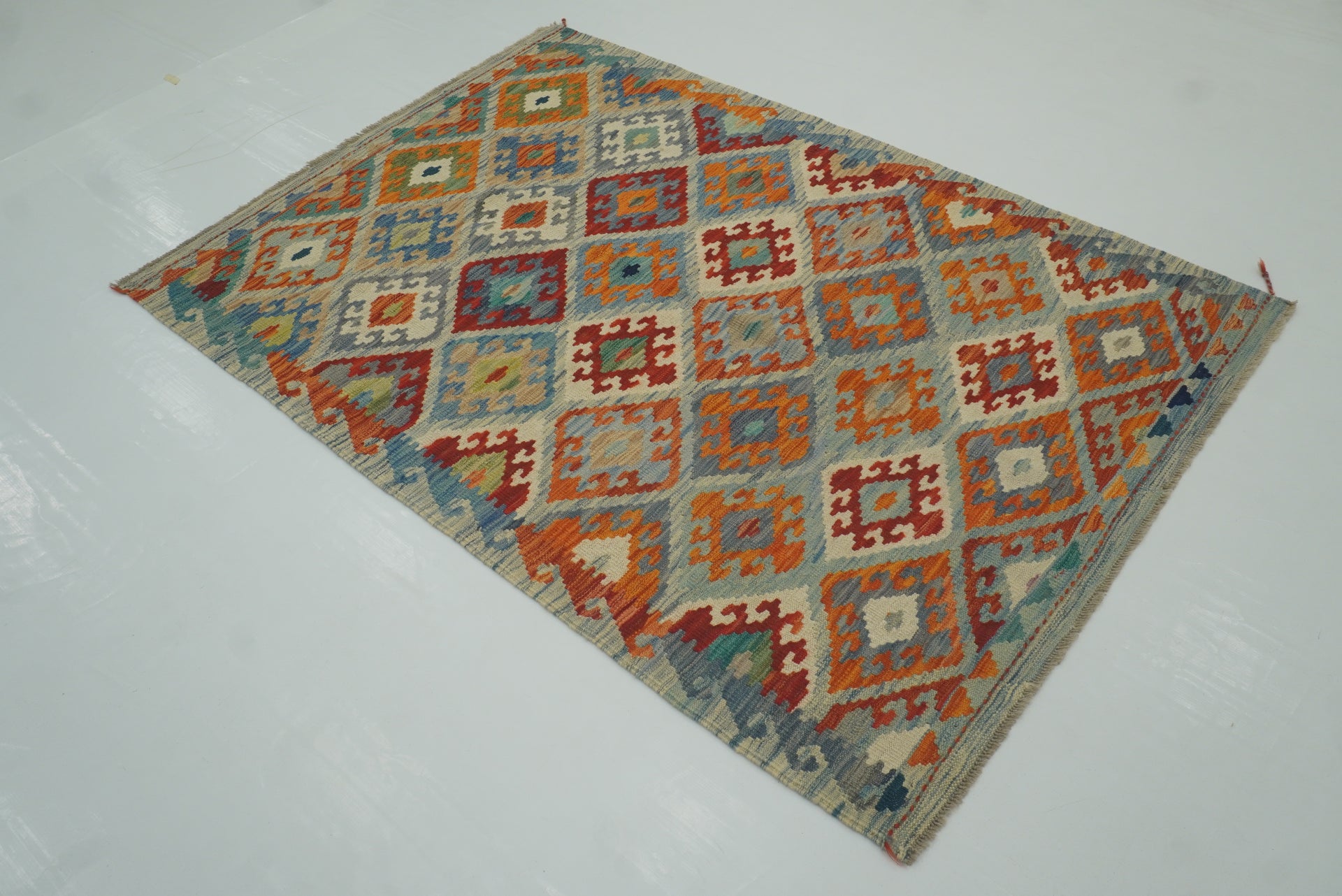 4x6 Blue Afghan Handmade Geometric Kilim Rug