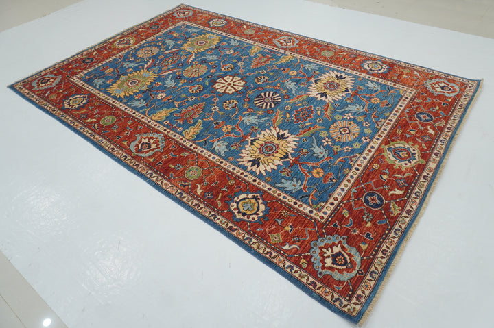 6x9 Blue Serapi Oriental Afghan hand knotted Traditional Rug - Yildiz Rugs