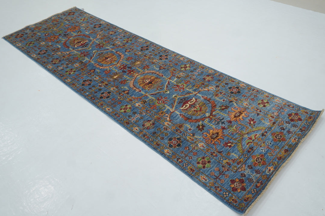 9 ft Blue Waziri Oriental Afghan Hand knotted Runner Rug - Yildiz Rugs