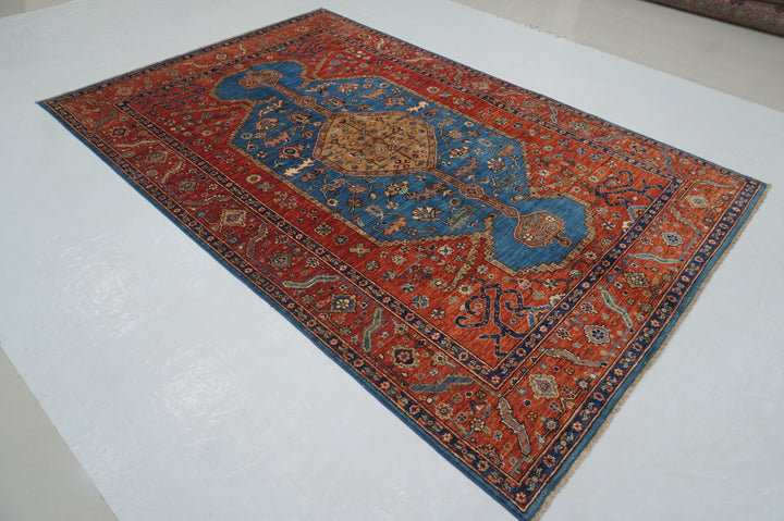 6x9 Blue Red Serapi Afghan Hand knotted Geometric Medallion Rug