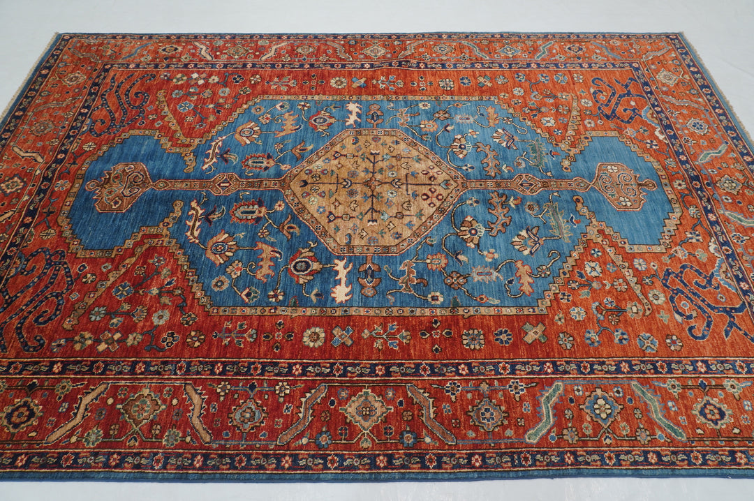 6x9 Blue Red Serapi Afghan Hand knotted Geometric Medallion Rug