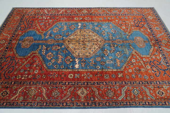 6x9 Blue Red Serapi Afghan Hand knotted Geometric Medallion Rug