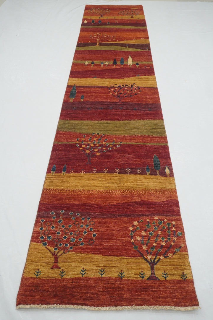 13 Ft Red Gabbeh Landscape Afghan Hand knotted Runner Rug - Yildiz Rugs