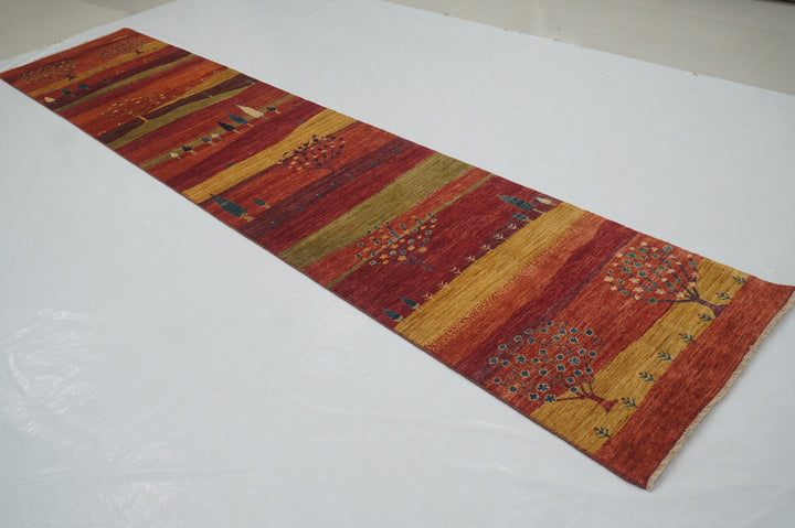 13 Ft Red Gabbeh Landscape Afghan Hand knotted Runner Rug - Yildiz Rugs