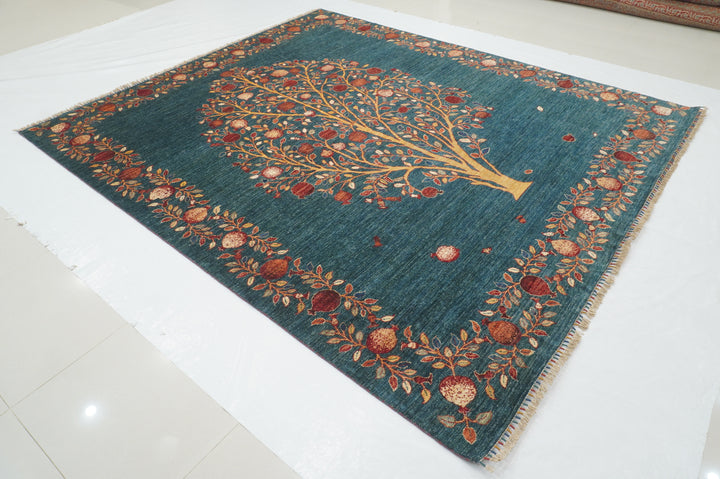 8x10 Greenish Blue Gabbeh Afghan Pomegranate Tree Of life Hand knotted Rug - Yildiz Rugs