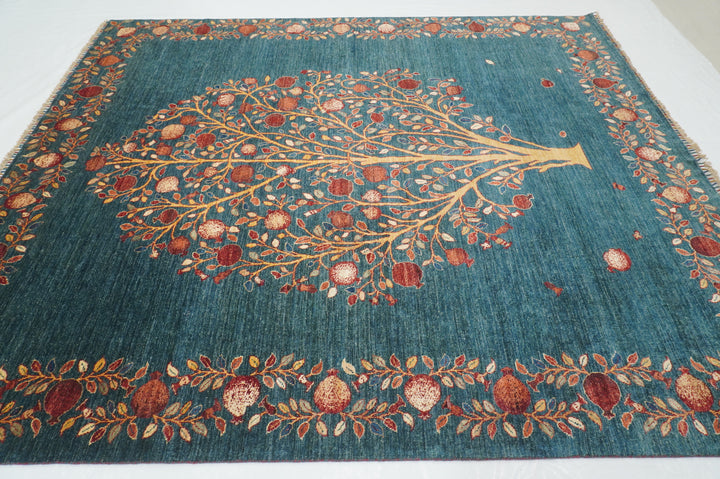 8x10 Greenish Blue Gabbeh Afghan Pomegranate Tree Of life Hand knotted Rug - Yildiz Rugs