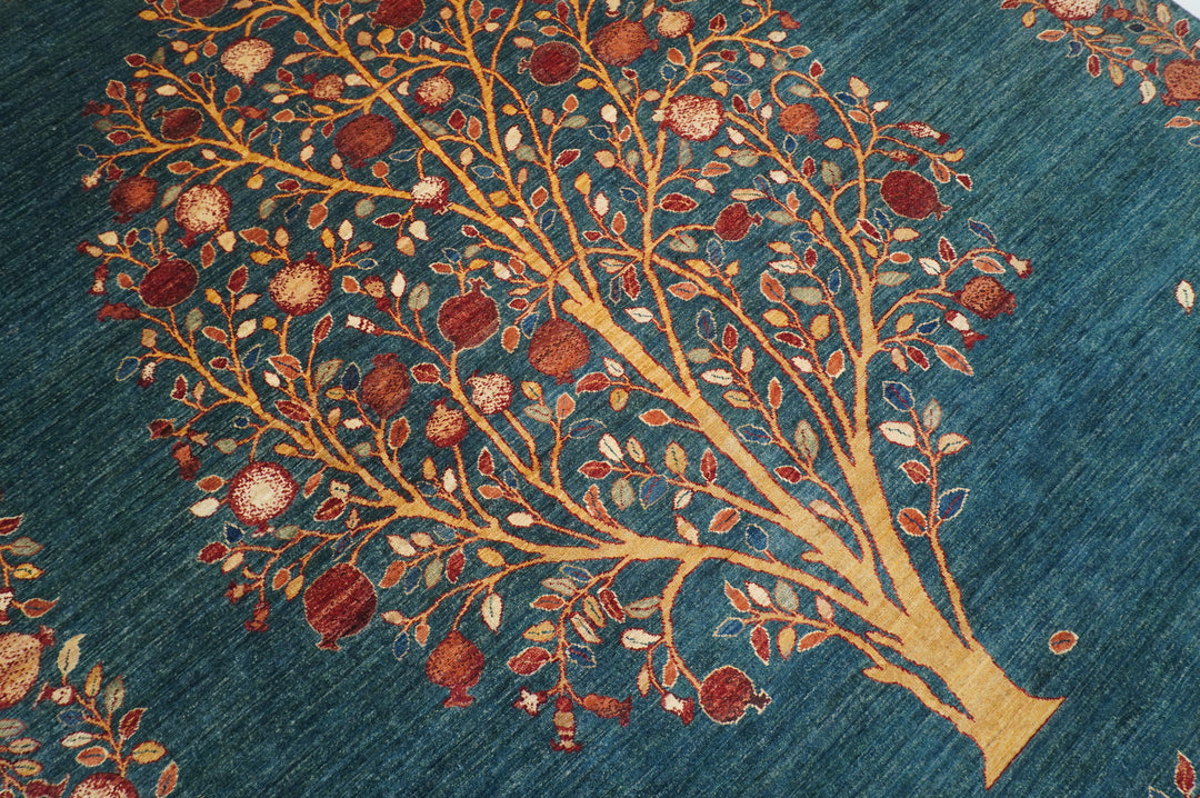 8x10 Greenish Blue Gabbeh Afghan Pomegranate Tree Of life Hand knotted Rug - Yildiz Rugs