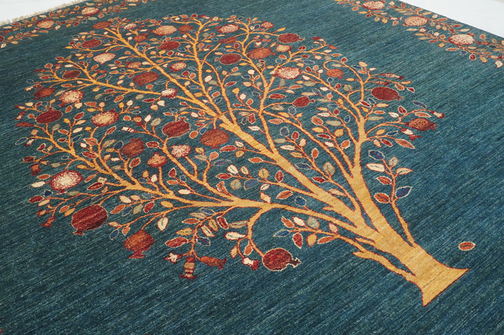 8x10 Greenish Blue Gabbeh Afghan Pomegranate Tree Of life Hand knotted Rug - Yildiz Rugs