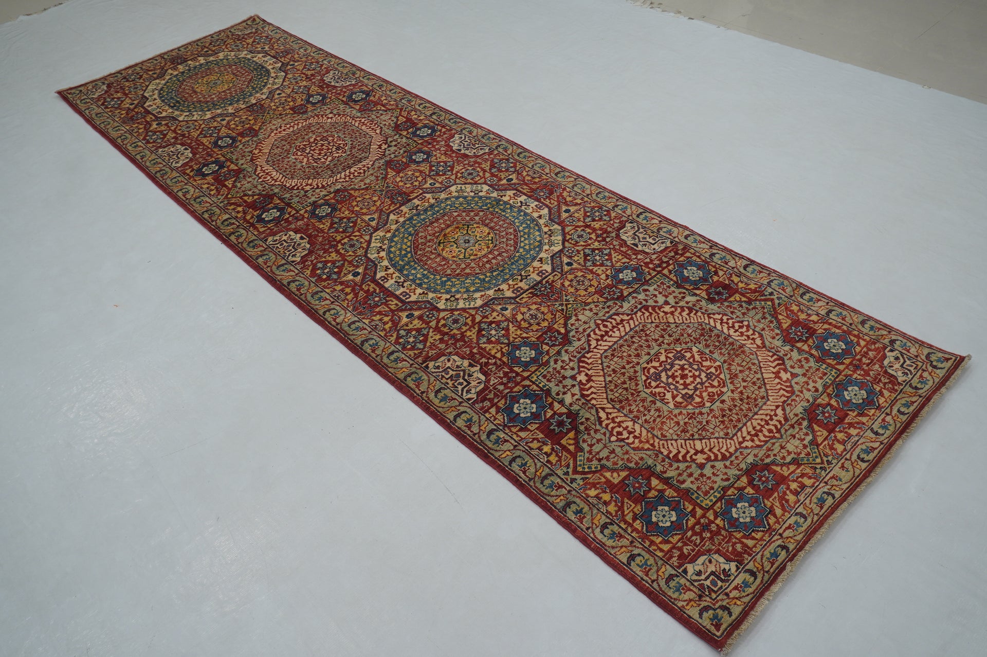 3x10 ft Red Mamluk Hand knotted Turkish Medallion Runner Rug