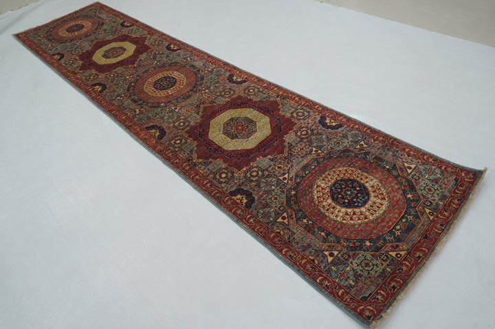 12 ft Blue Mamluk Hand knotted Turkish Medallion Runner Rug