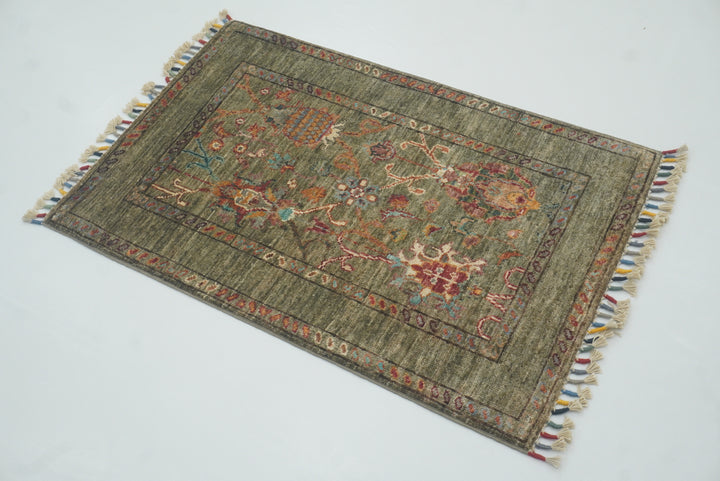2x3 Green Afghan Waziri Hand Knotted Wool Rug - Yildiz Rugs