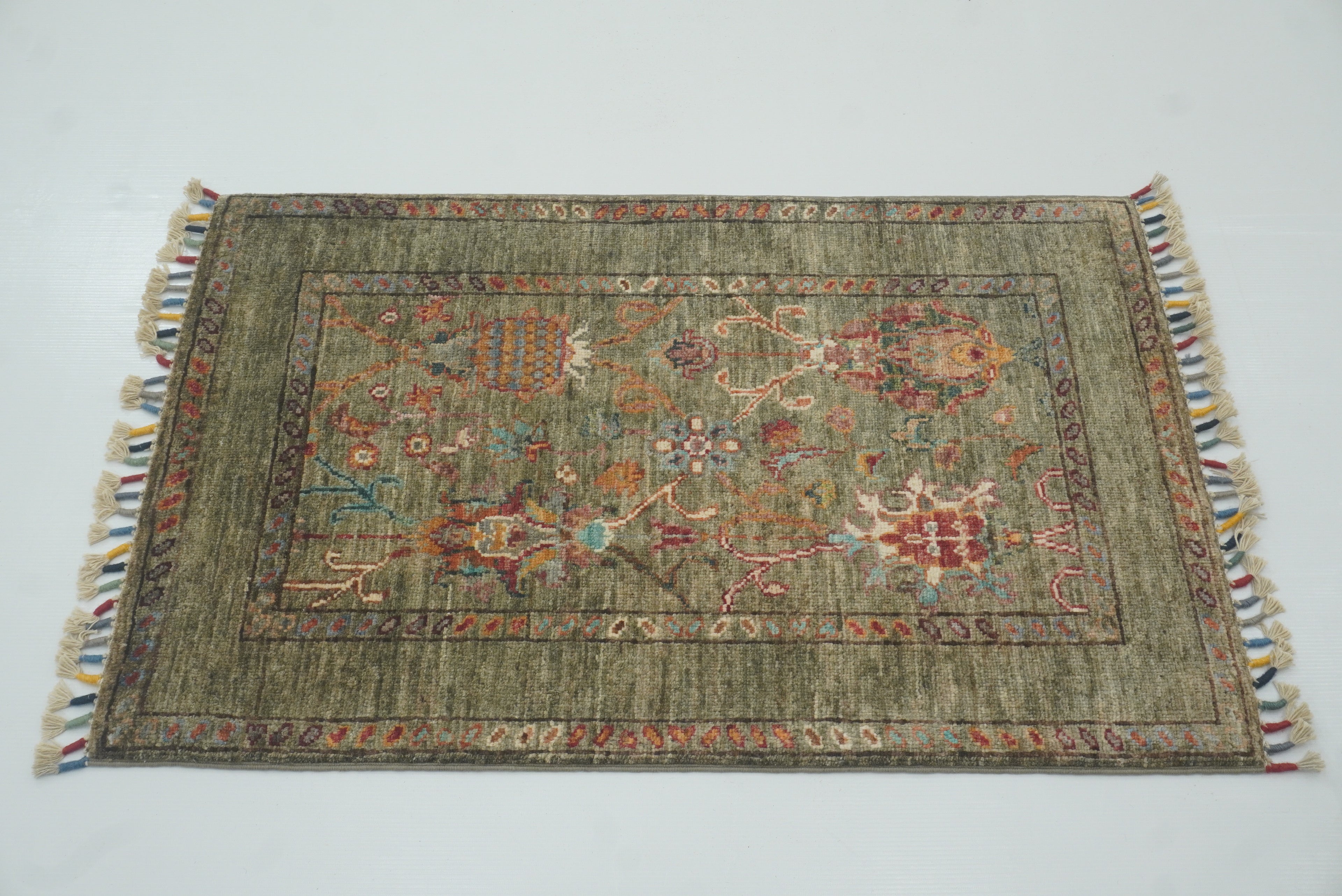 2x3 Green Afghan Waziri Hand Knotted Wool Rug - Yildiz Rugs