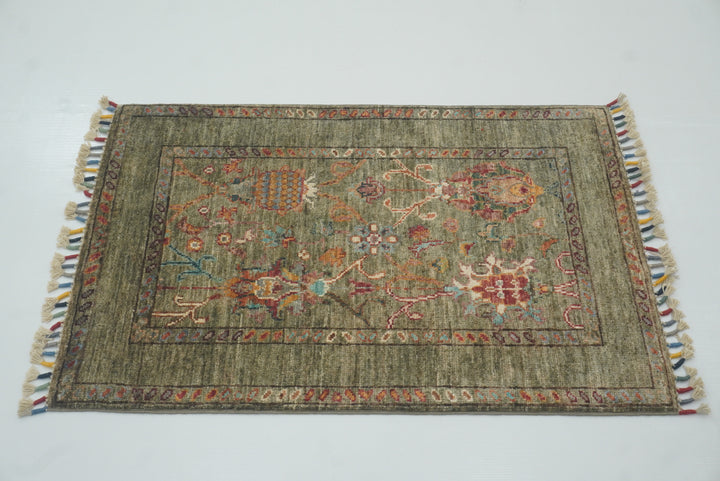 2x3 Green Afghan Waziri Hand Knotted Wool Rug - Yildiz Rugs
