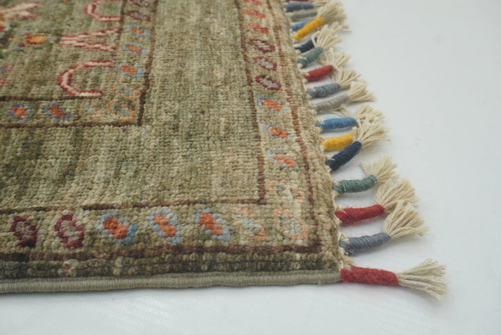 2x3 Green Afghan Waziri Hand Knotted Wool Rug - Yildiz Rugs