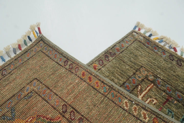 2x3 Green Afghan Waziri Hand Knotted Wool Rug - Yildiz Rugs