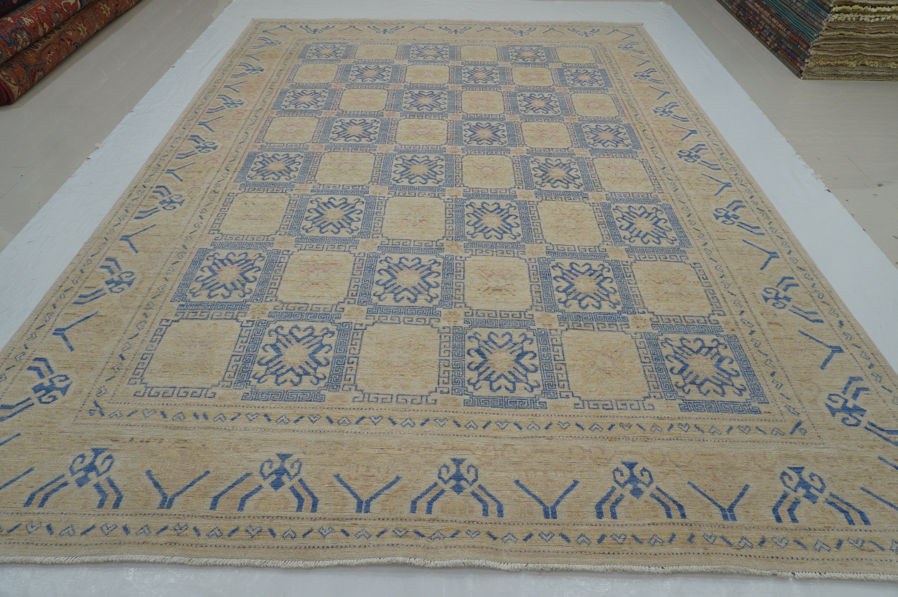 9x12 Vintage Beige Blue Khotan Afghan Hand Knotted Wool Rug - Yildiz Rugs