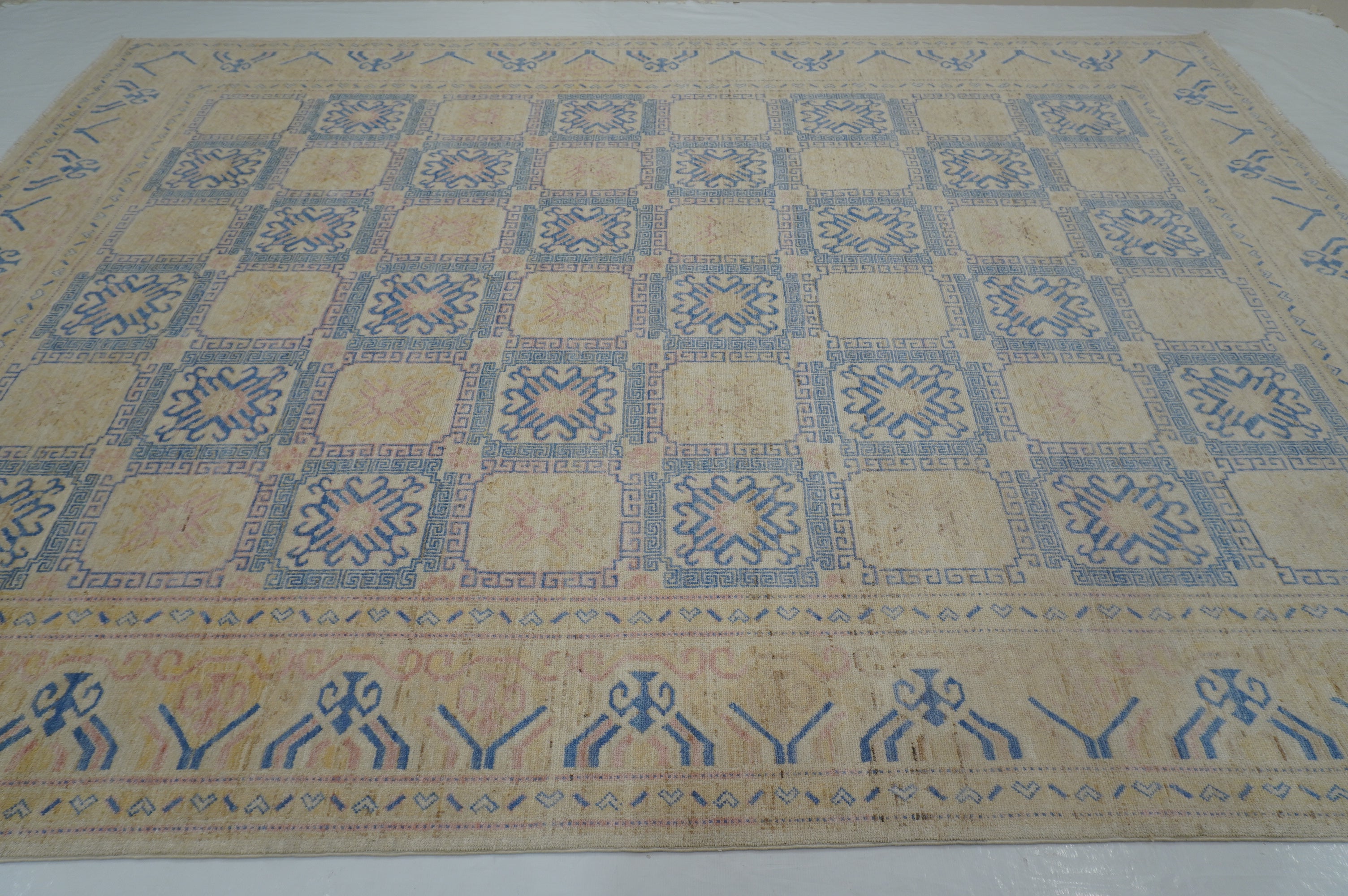9x12 Vintage Beige Blue Khotan Afghan Hand Knotted Wool Rug - Yildiz Rugs