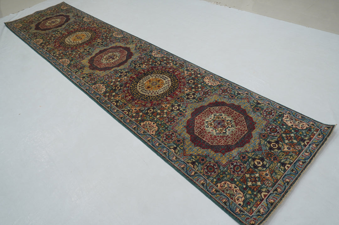 3x13 ft Green Mamluk Hand knotted Turkish Medallion Runner Rug