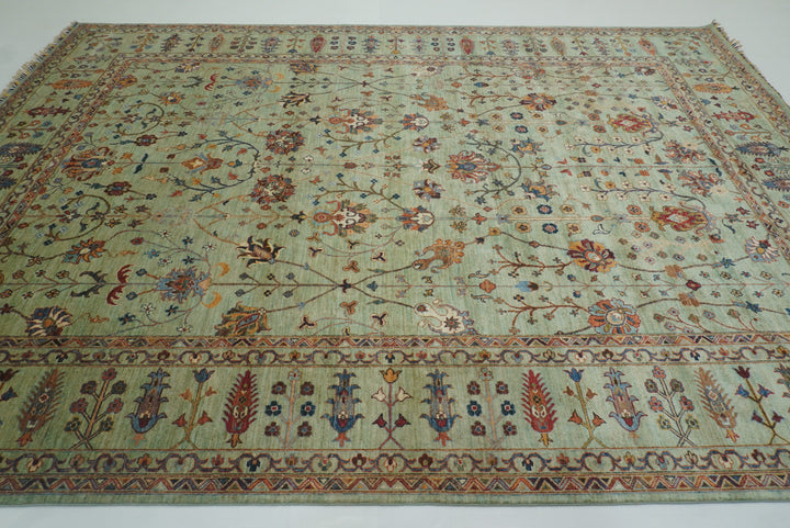 9x12 Waziri Pistachio Green Afghan Hand knotted Rug - Yildiz Rugs