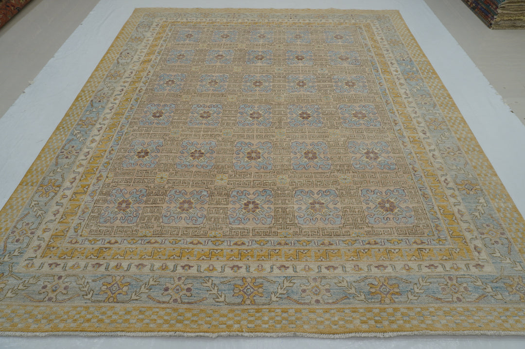 8x10 Beige Vintage Khotan Muted Afghan Hand knotted Geometric Rug - Yildiz Rugs