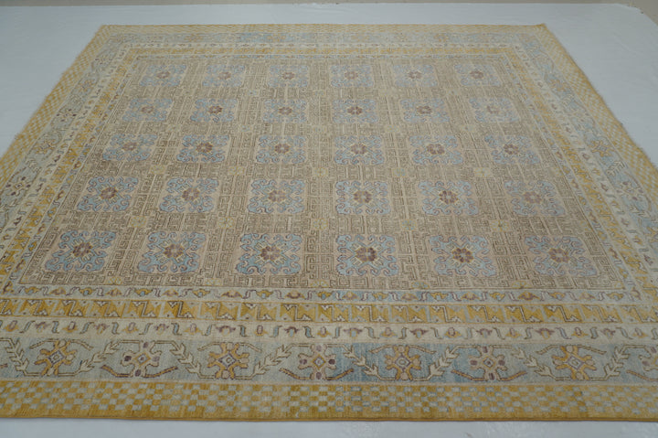 8x10 Beige Vintage Khotan Muted Afghan Hand knotted Geometric Rug - Yildiz Rugs