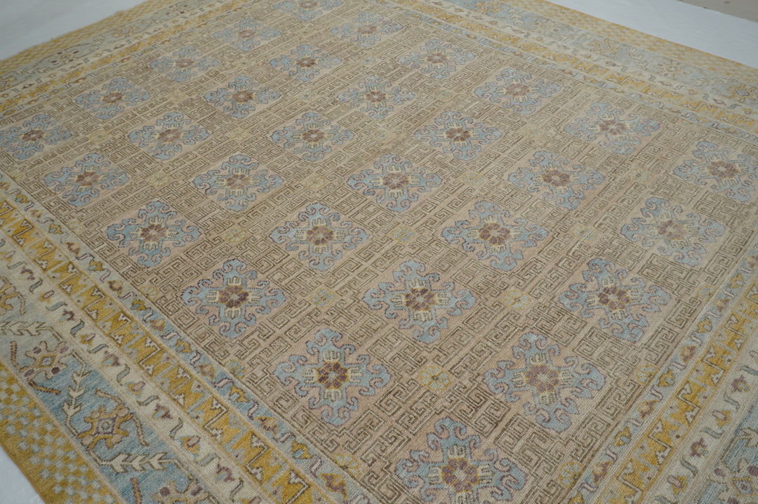 8x10 Beige Vintage Khotan Muted Afghan Hand knotted Geometric Rug - Yildiz Rugs