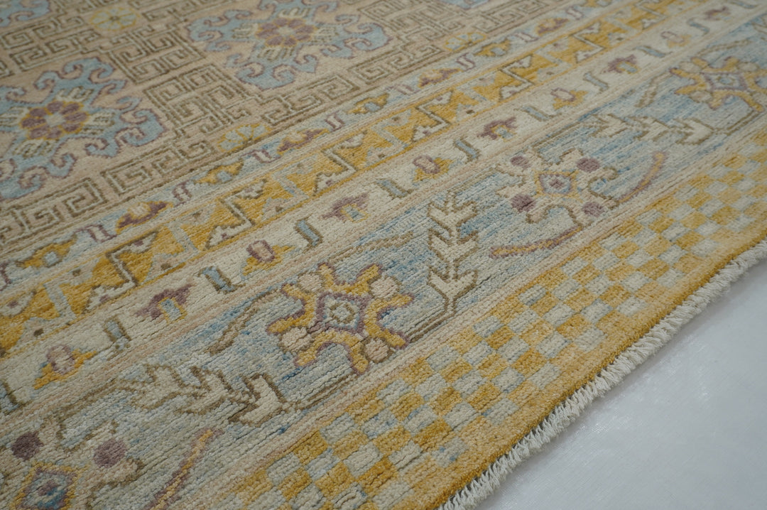 8x10 Beige Vintage Khotan Muted Afghan Hand knotted Geometric Rug - Yildiz Rugs