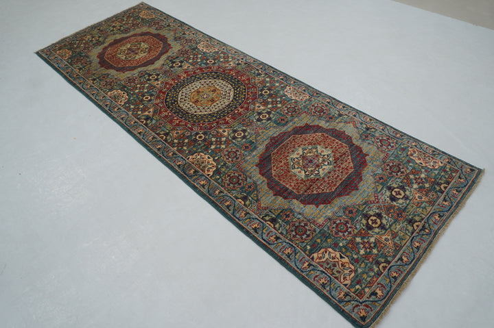 3x9 ft Green Mamluk Hand knotted Turkish Runner Rug