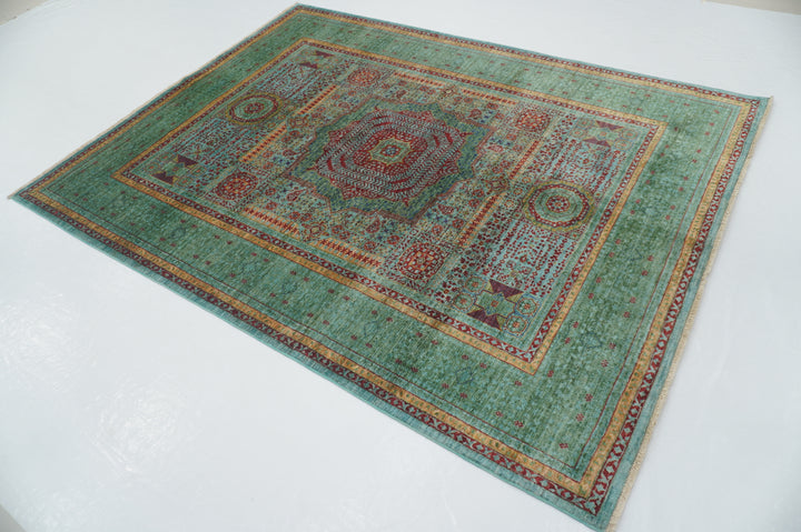 6x8 Soft Blue Green Mamluk Turkish Hand Knotted Geometric Medallion Rug - Yildiz Rugs