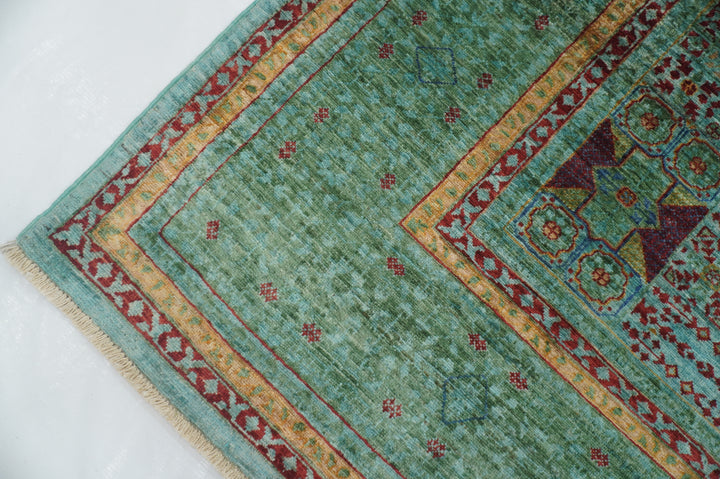 6x8 Soft Blue Green Mamluk Turkish Hand Knotted Geometric Medallion Rug - Yildiz Rugs