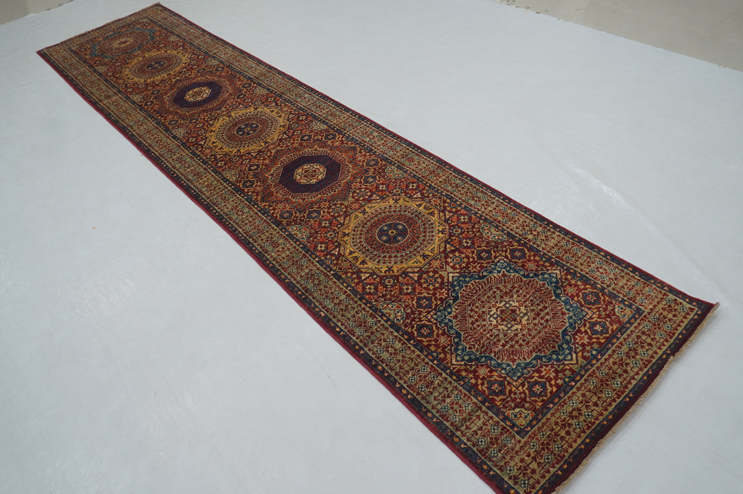 11 ft Red Mamluk Hand knotted Turkish Runner Rug