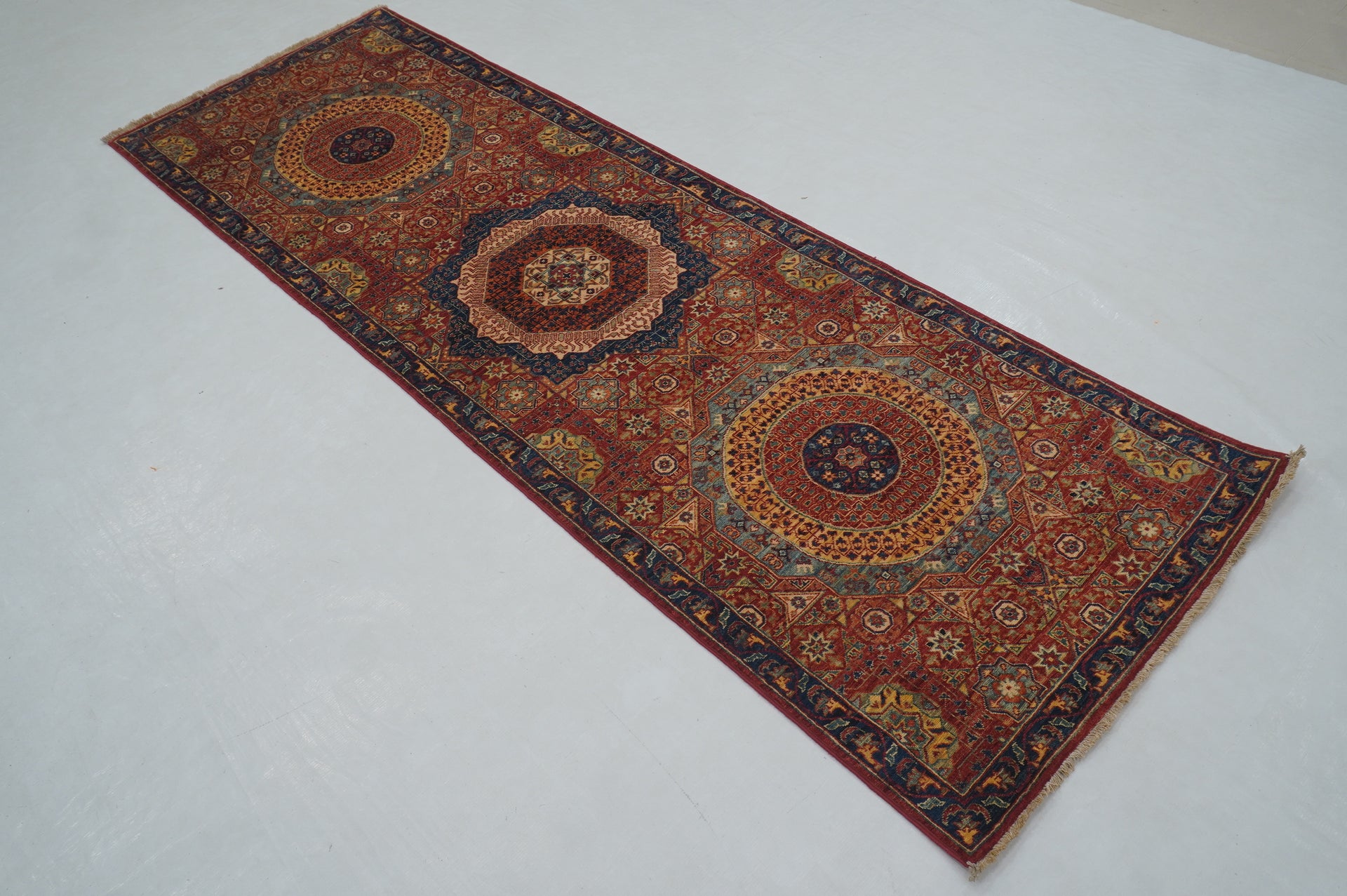 3x8 ft Red Mamluk Hand knotted Turkish Medallion Runner Rug