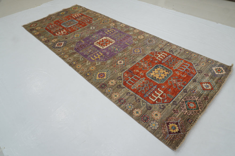 4 x 10 ft Gray Wide Kazak Tribal Afghan Hand knotted Runner Rug - Yildiz Rugs